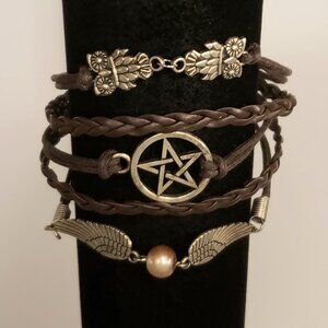 Pentagram Multi Strand Layer Braided Faux Leather Bracelet Wicca Pagan Symbols